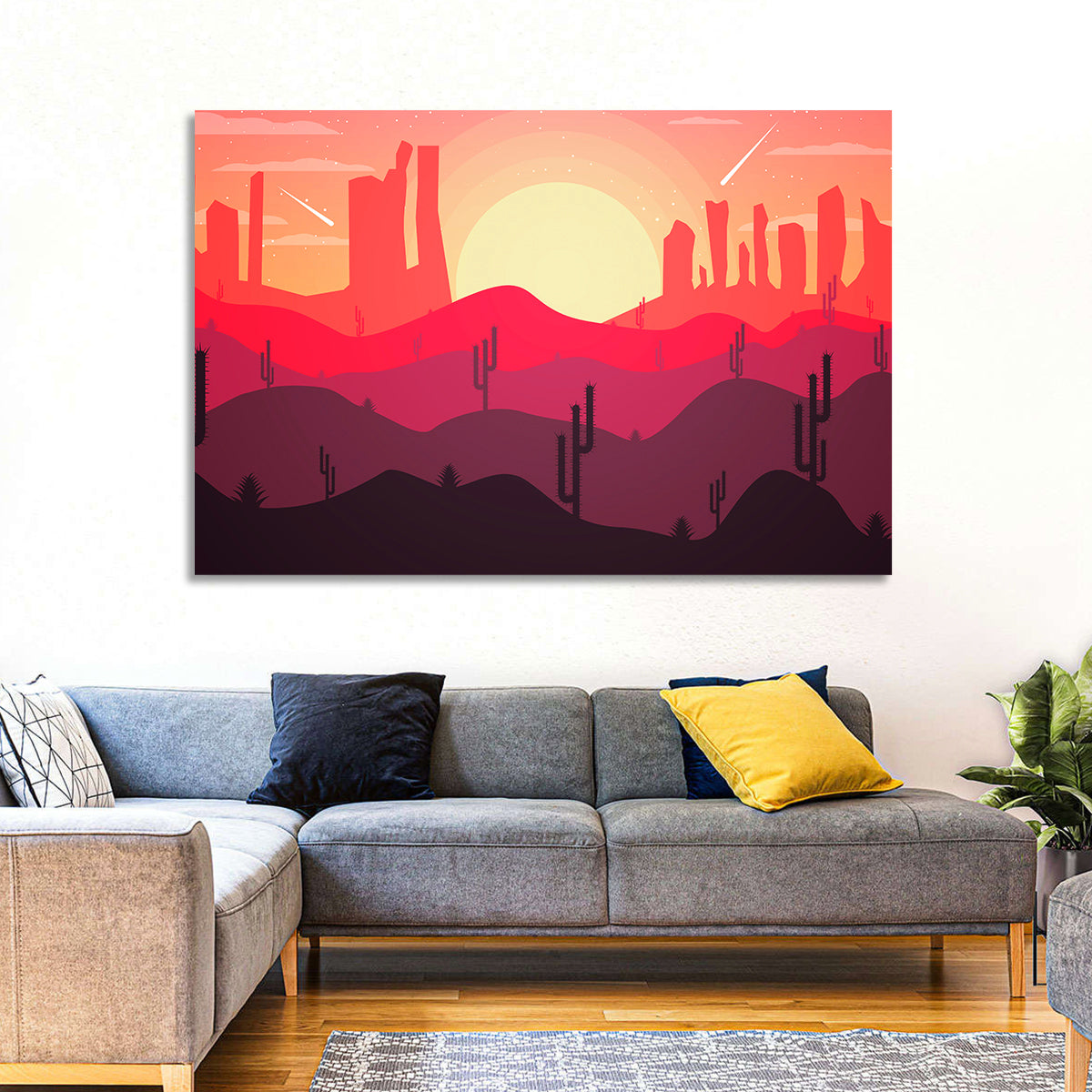 Sunset Desert Cacti Wall Art in a room, landscape