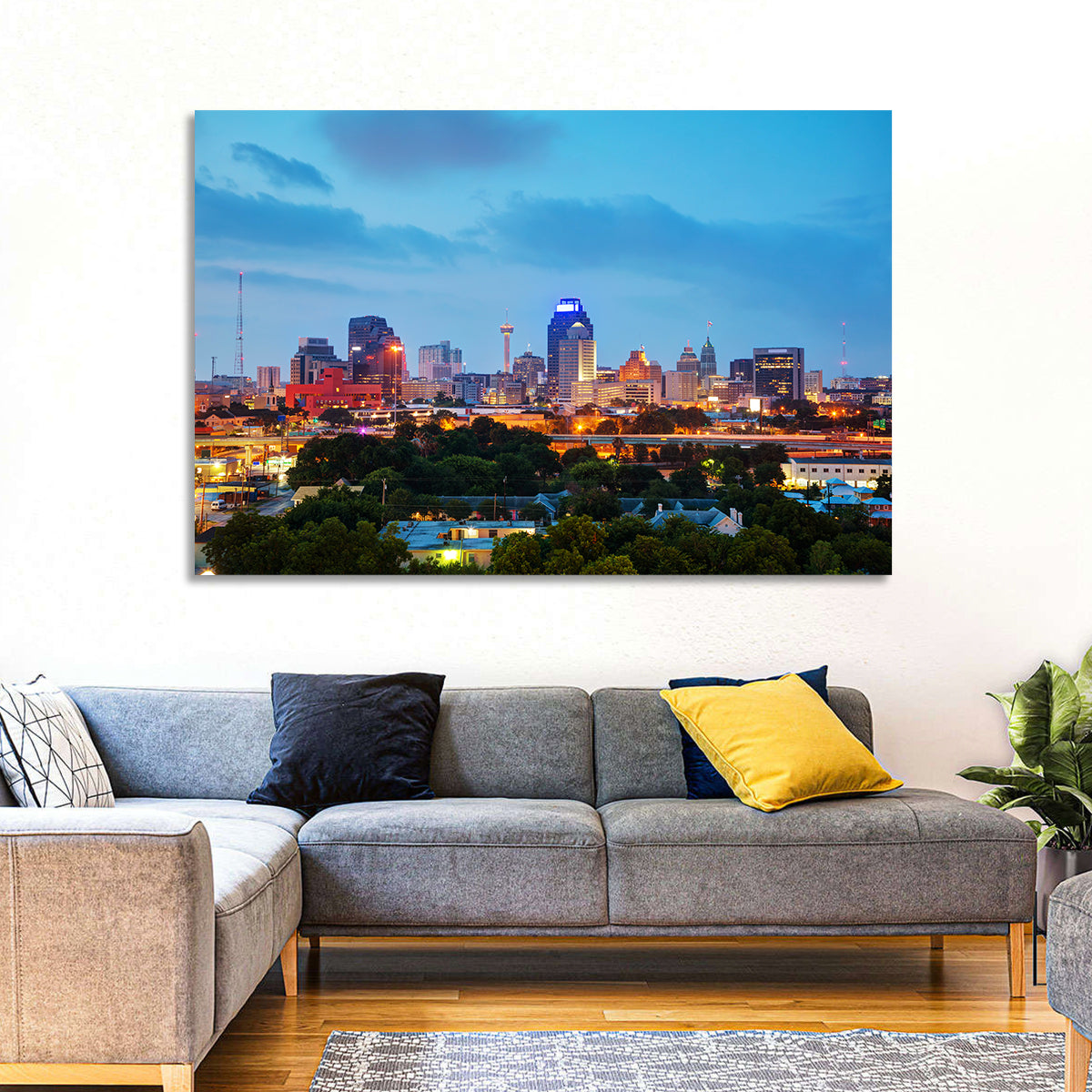 San Antonio Skyline at Dusk Wall Art in a room, landscape