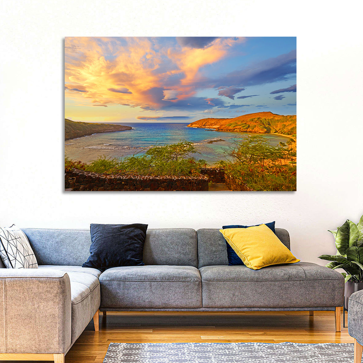 Hanauma Bay Golden Hour Wall Art in a room, landscape