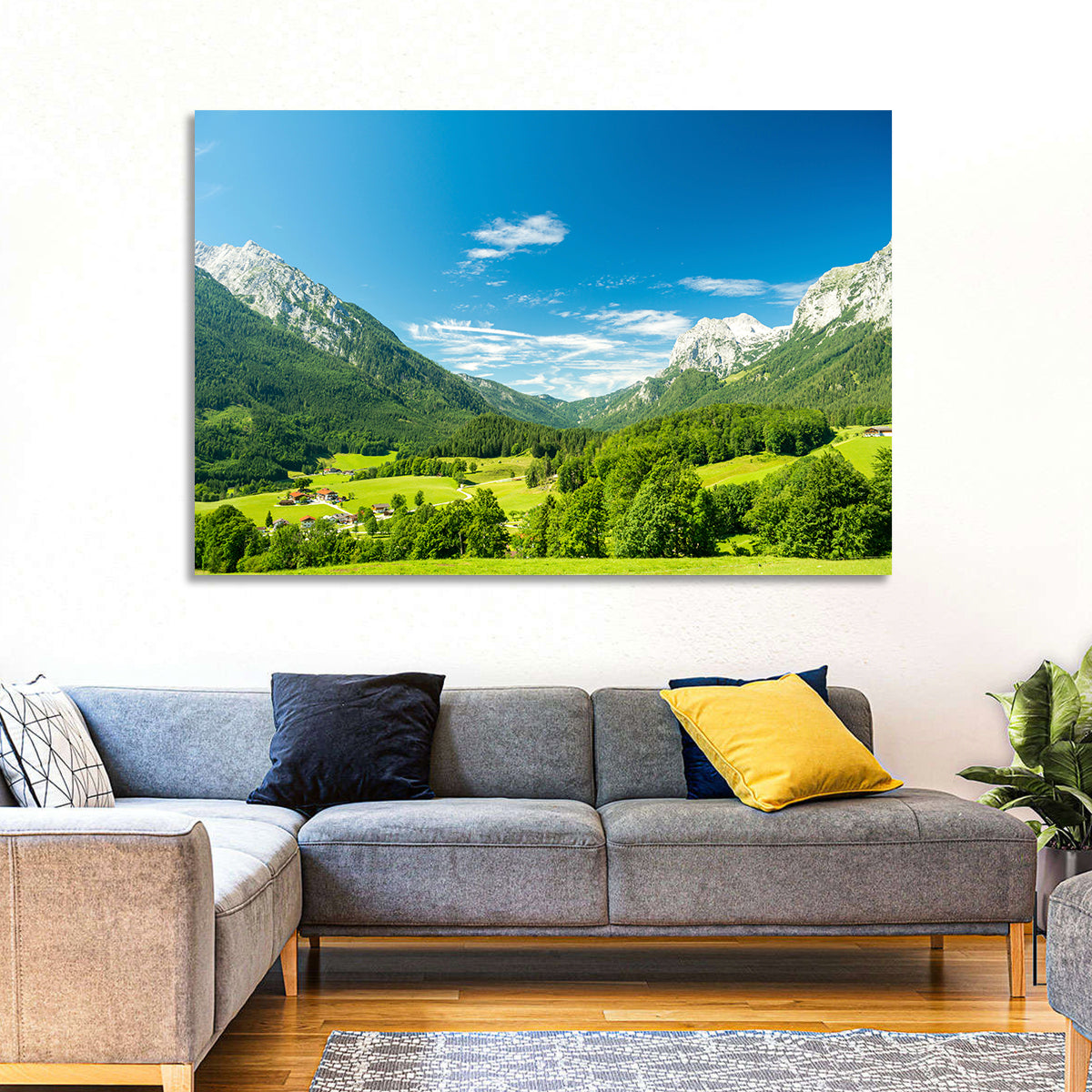 Bavarian Alpine Valley Wall Art in a room, landscape