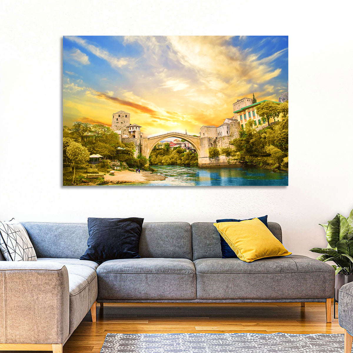 Stari Most at Sunset Wall Art in a room, landscape