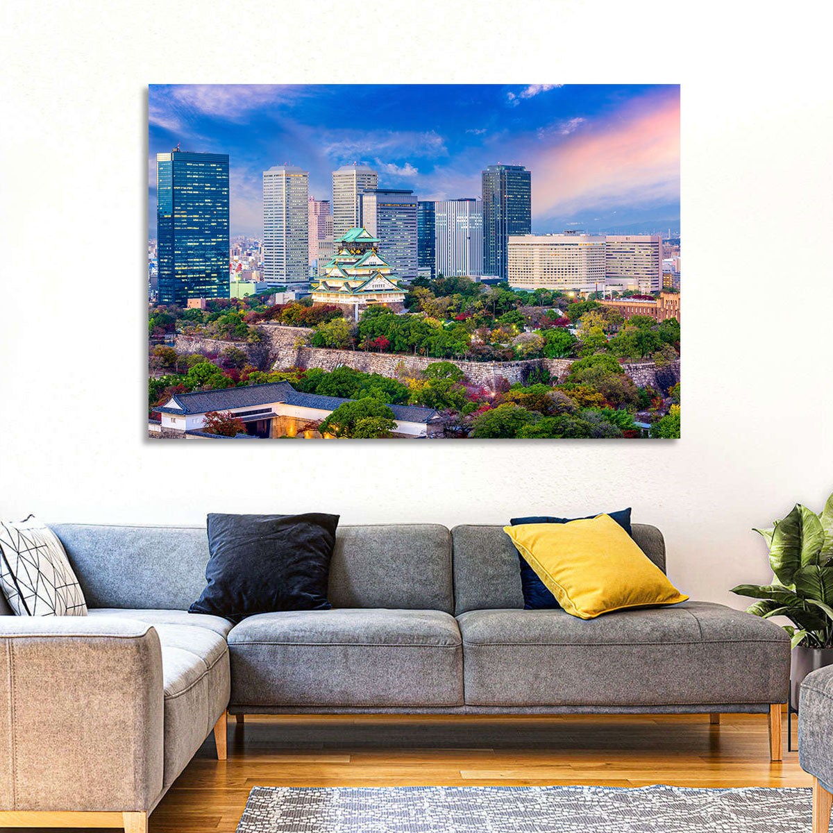 Osaka Castle Skyline at Dusk Wall Art in a room, landscape