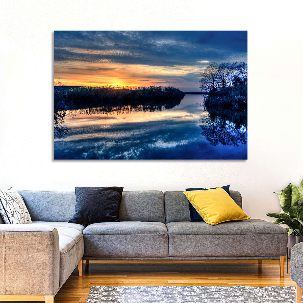 Louisiana Bayou Sunset Wall Art in a room, landscape
