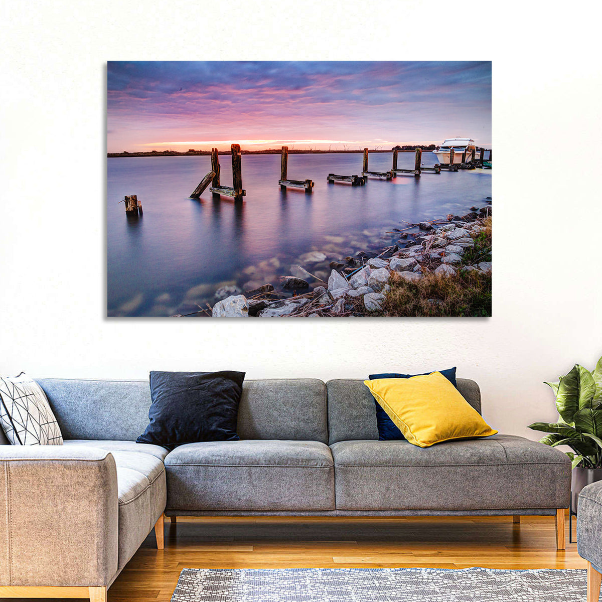 Bayou Lafourche Dock Sunrise Wall Art in a room, landscape