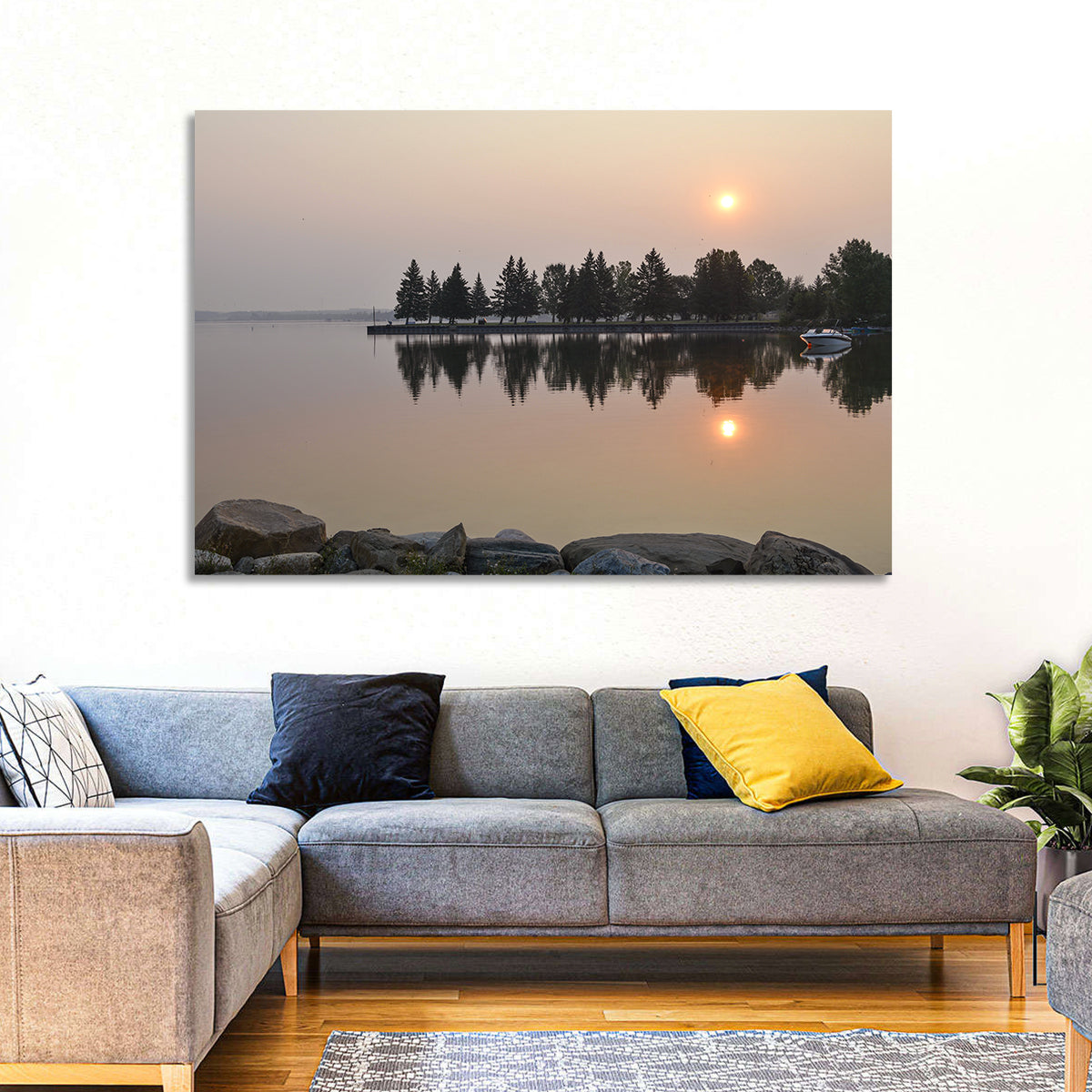 Sylvan Lake Sunset Reflection Wall Art in a room, landscape