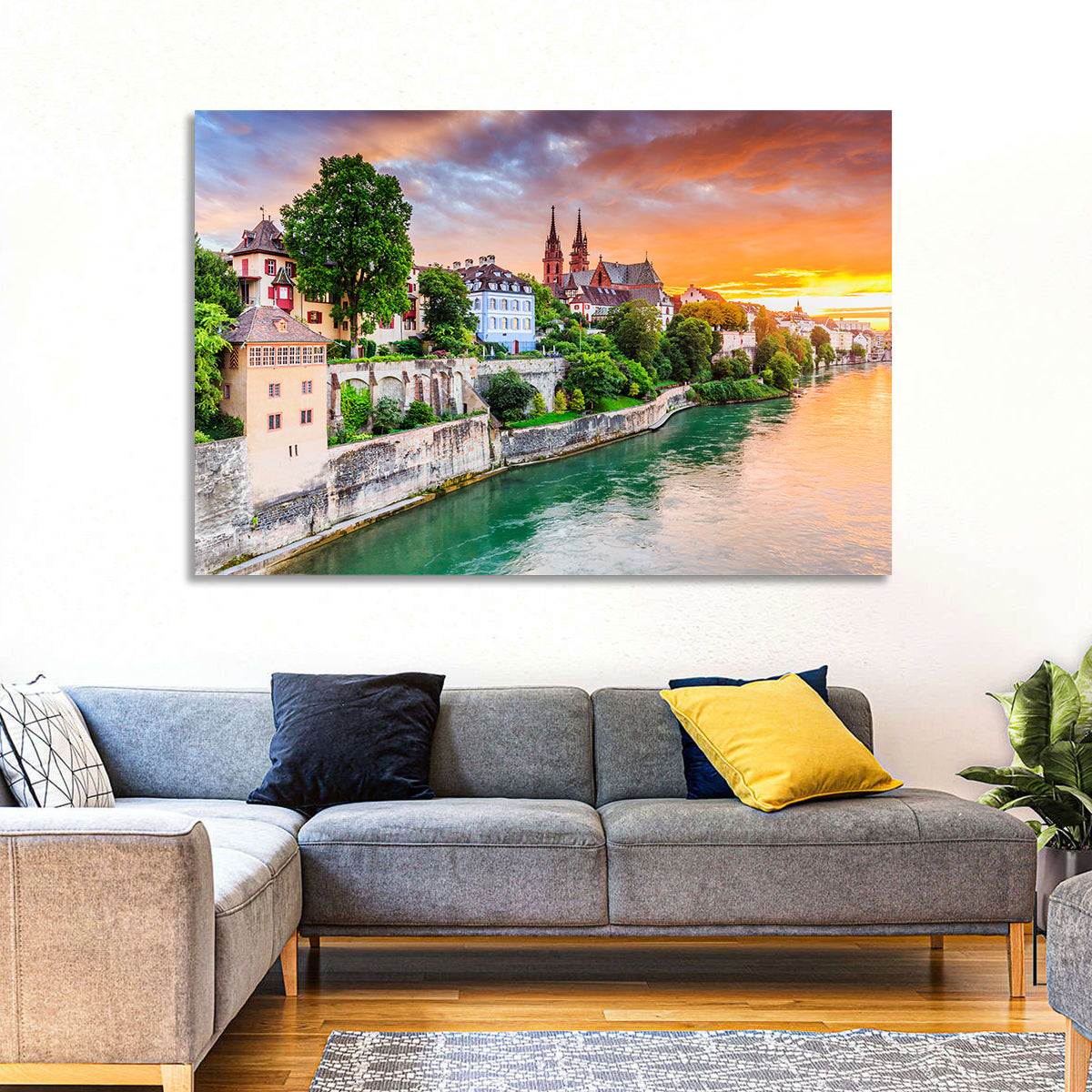 Basel Old Town at Sunset Wall Art in a room, landscape