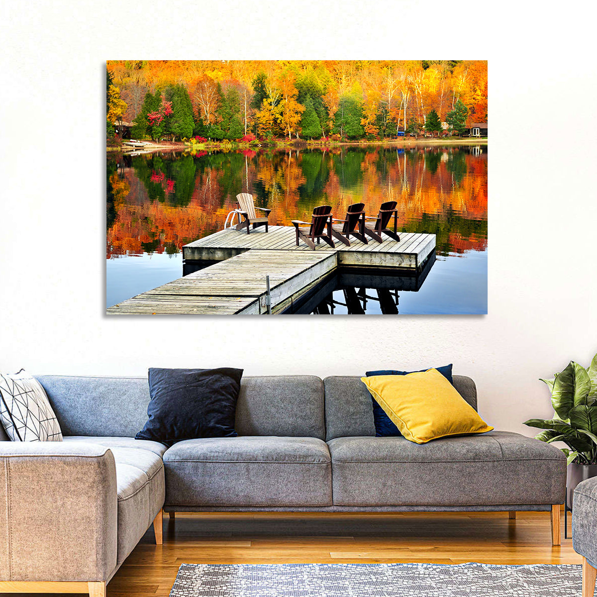 Autumn Lake Dock with Adirondack Chairs Wall Art