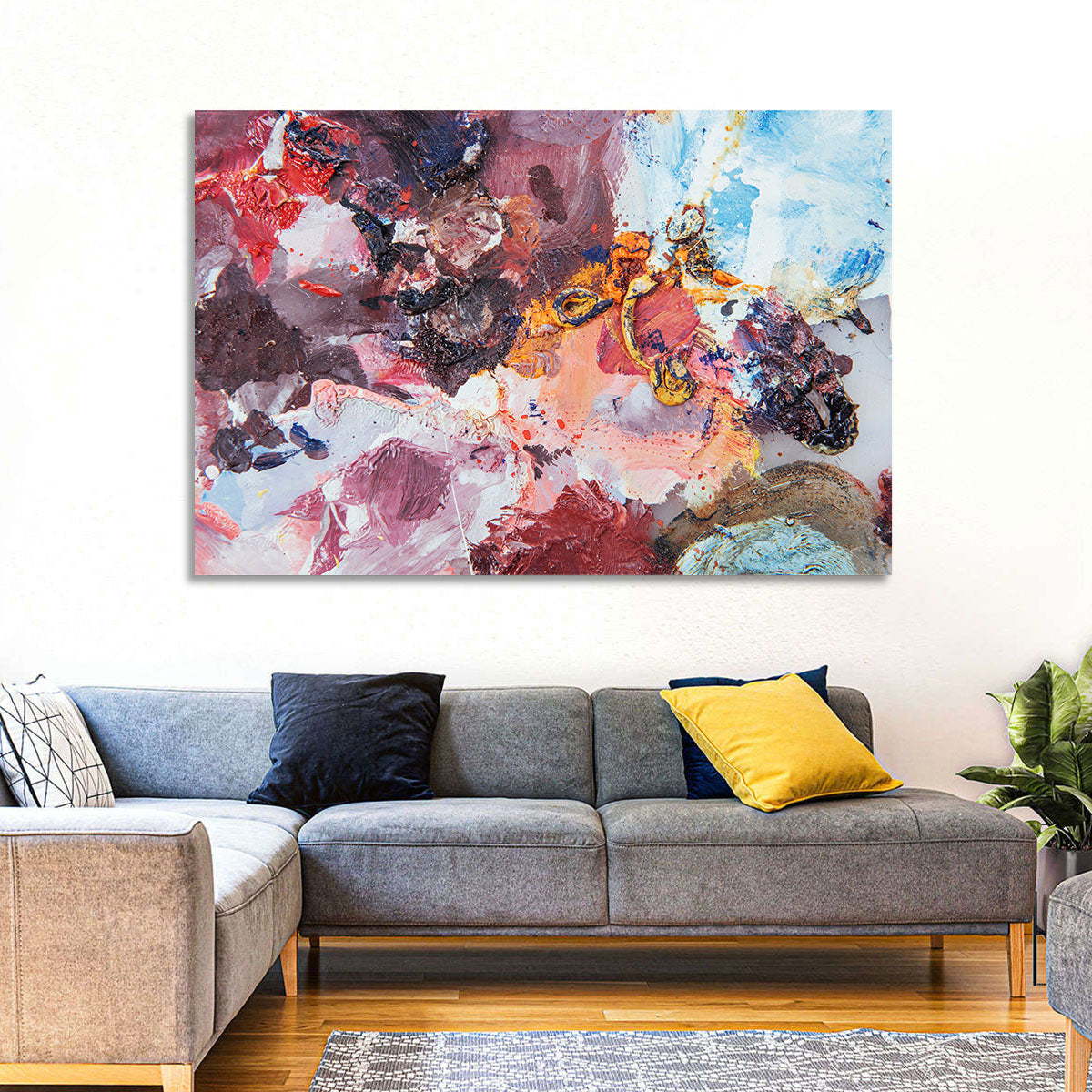 Impasto Color Swirl Abstract Wall Art in a room, landscape