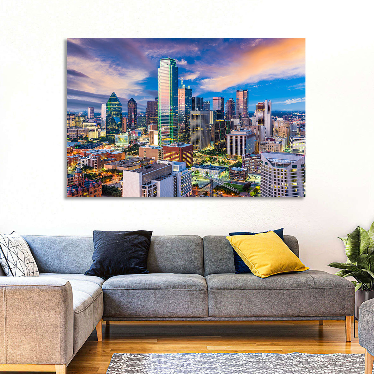 Dallas Twilight Skyline Wall Art in a room, landscape