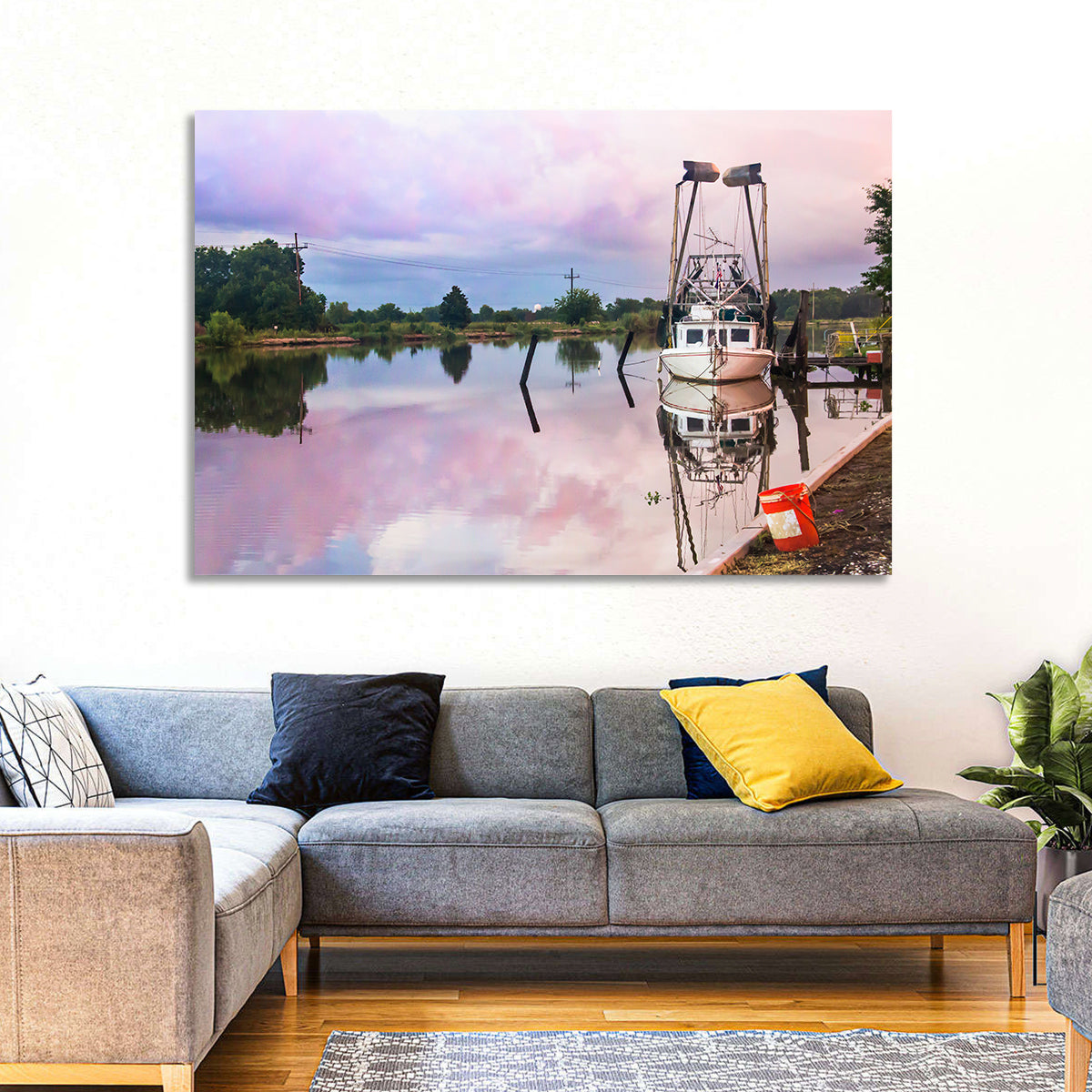 White Shrimp Boat on Louisiana Bayou Wall Art in a room, landscape