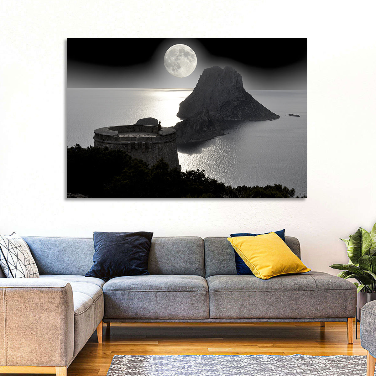 Pirates Tower Moonlit Watchtower, Ibiza Wall Art in a room, landscape