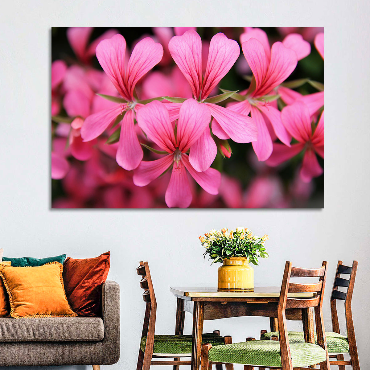 Pink Geranium Close Up Wall Art in a room, landscape