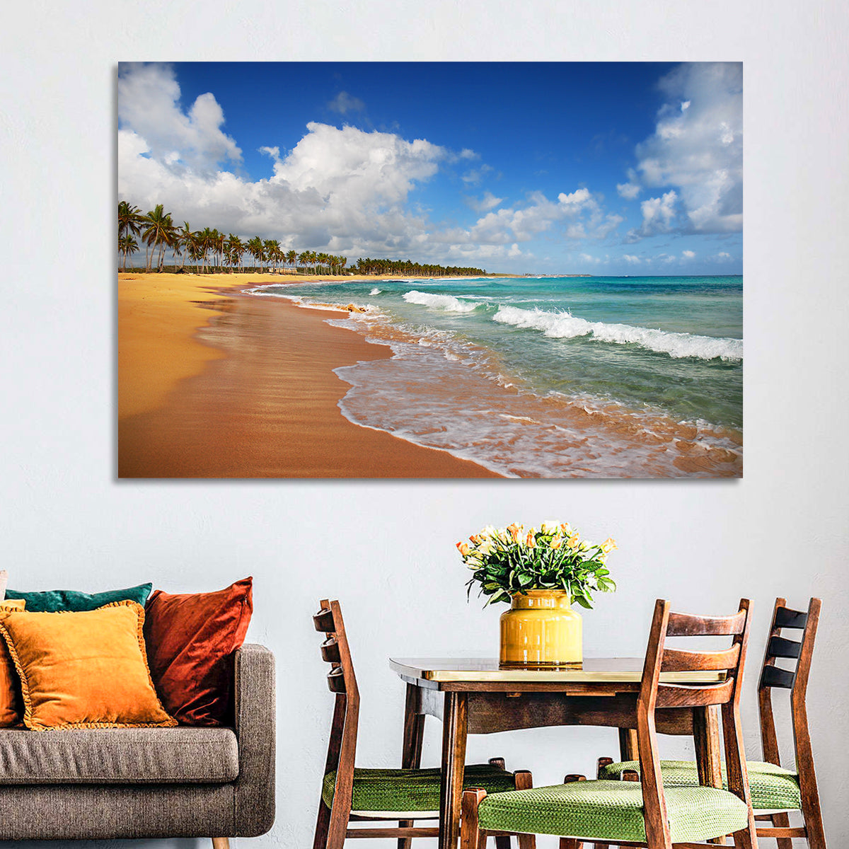 Palm Lined Tropical Coast Wall Art in a room, landscape