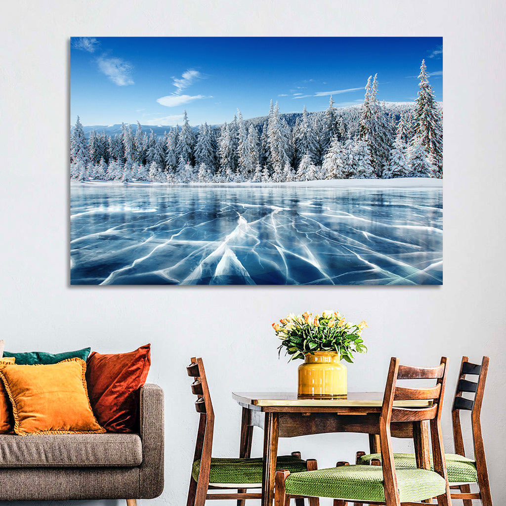 Cracked Ice Lake with Snowy Pines Wall Art