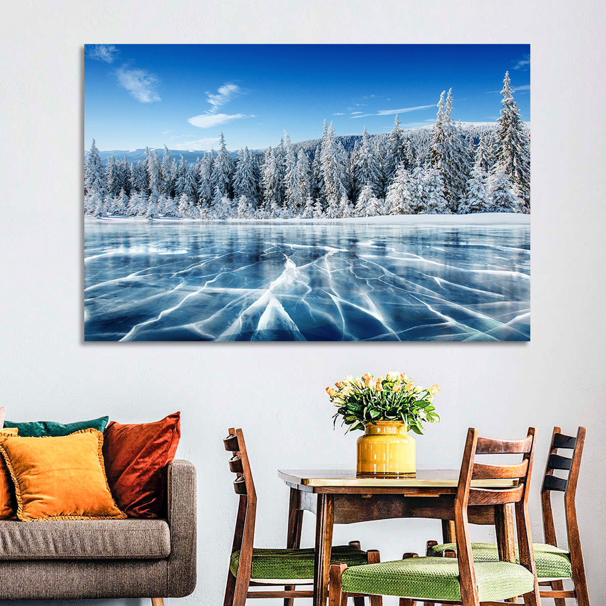 Cracked Ice Lake with Snowy Pines Wall Art