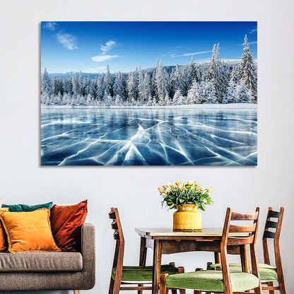 Cracked Ice Lake with Snowy Pines Wall Art