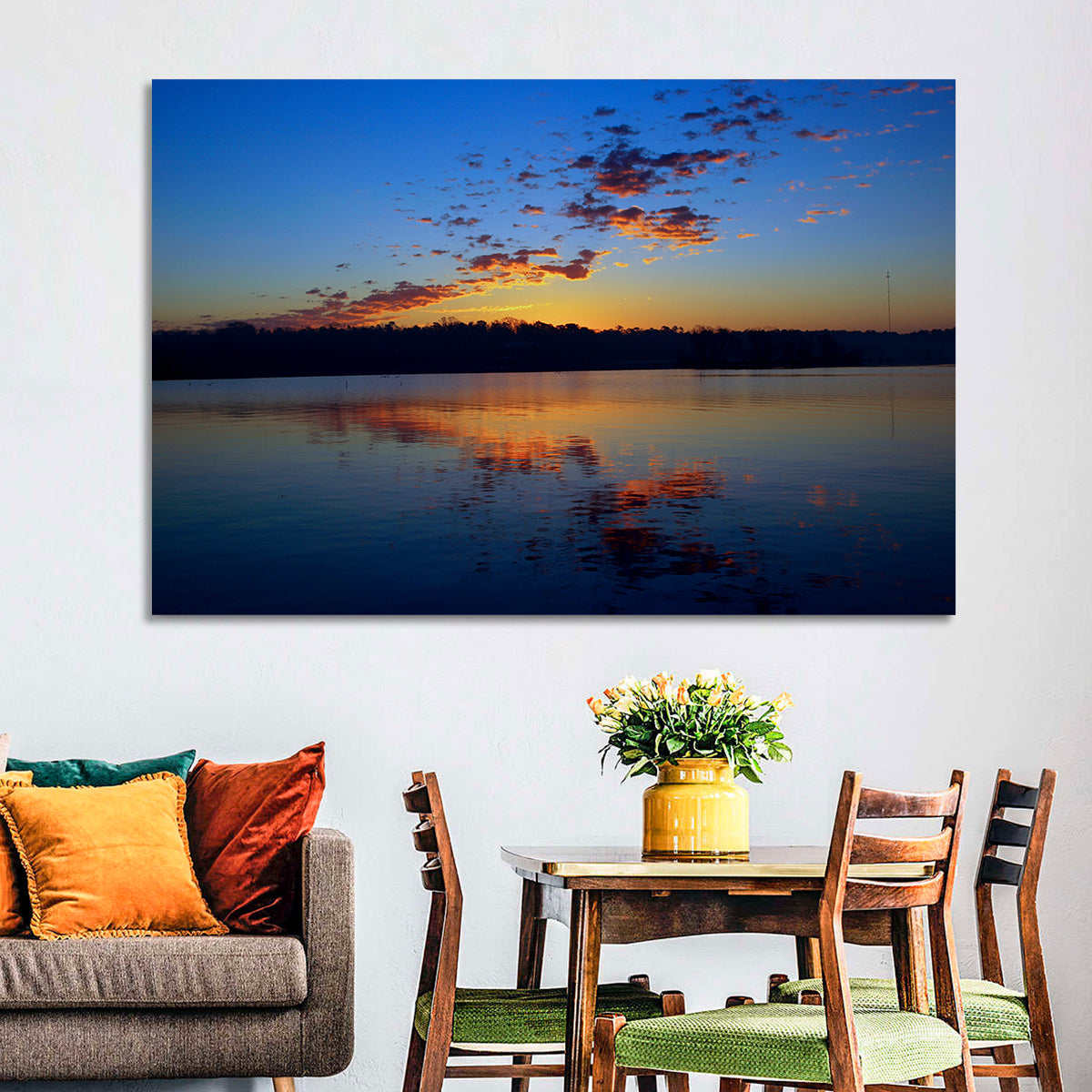 Lake Livingston Sunset Reflection Wall Art in a room, landscape