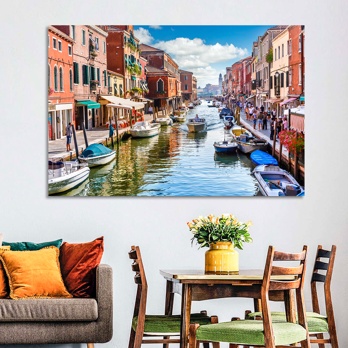 Sunlit Burano Canal, Venice Wall Art in a room, landscape