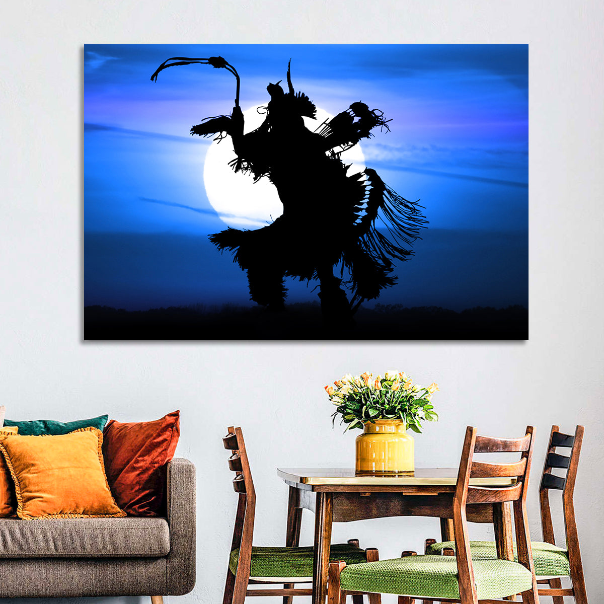 Moonlit Pow Wow Dancer Wall Art in a room, landscape