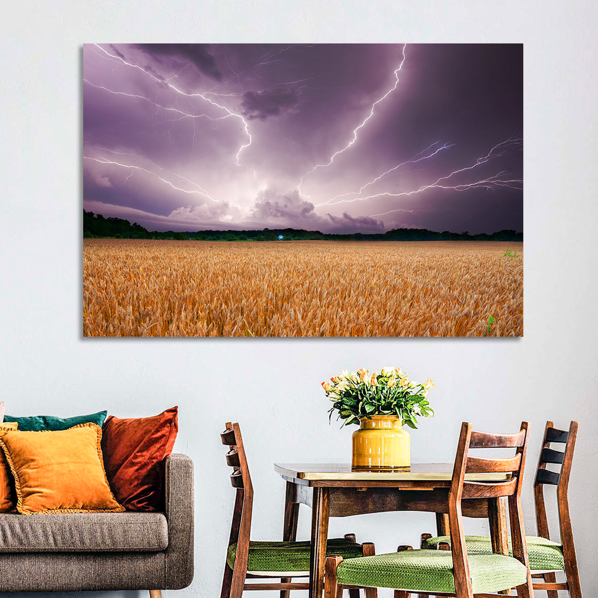 Lightning Over Wheat Field Wall Art in a room, landscape