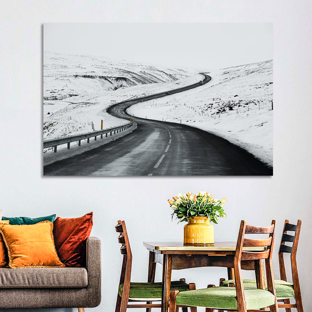 Winding Snow Road with Yellow Markers Wall Art