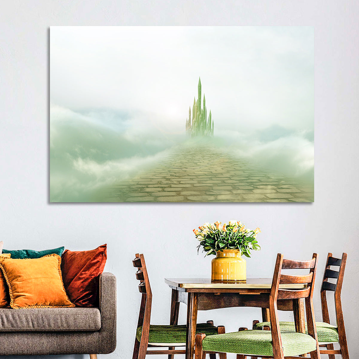 Cobblestone Path to Emerald Castle Wall Art in a room, landscape