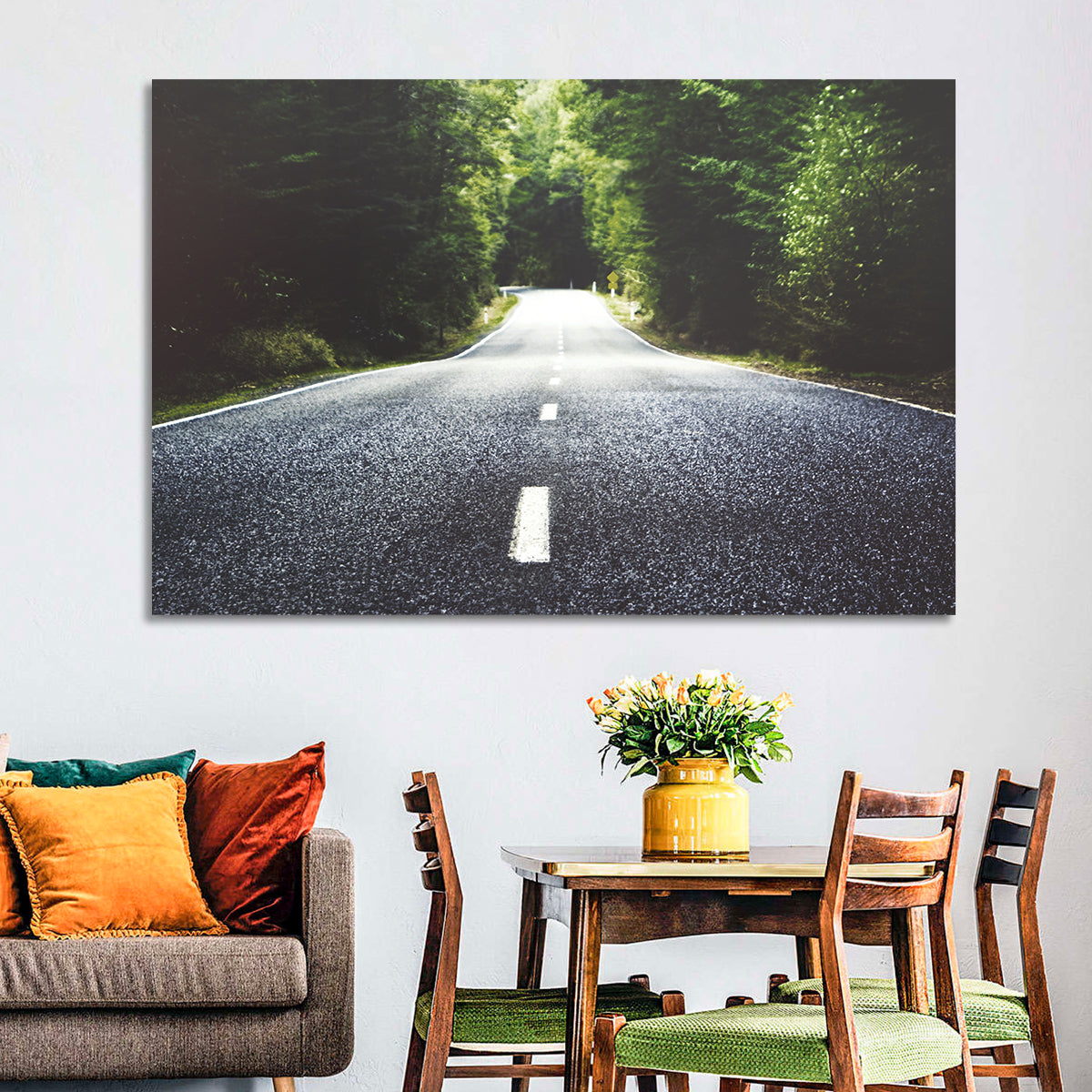 Summer Forest Road with Yellow Sign Wall Art