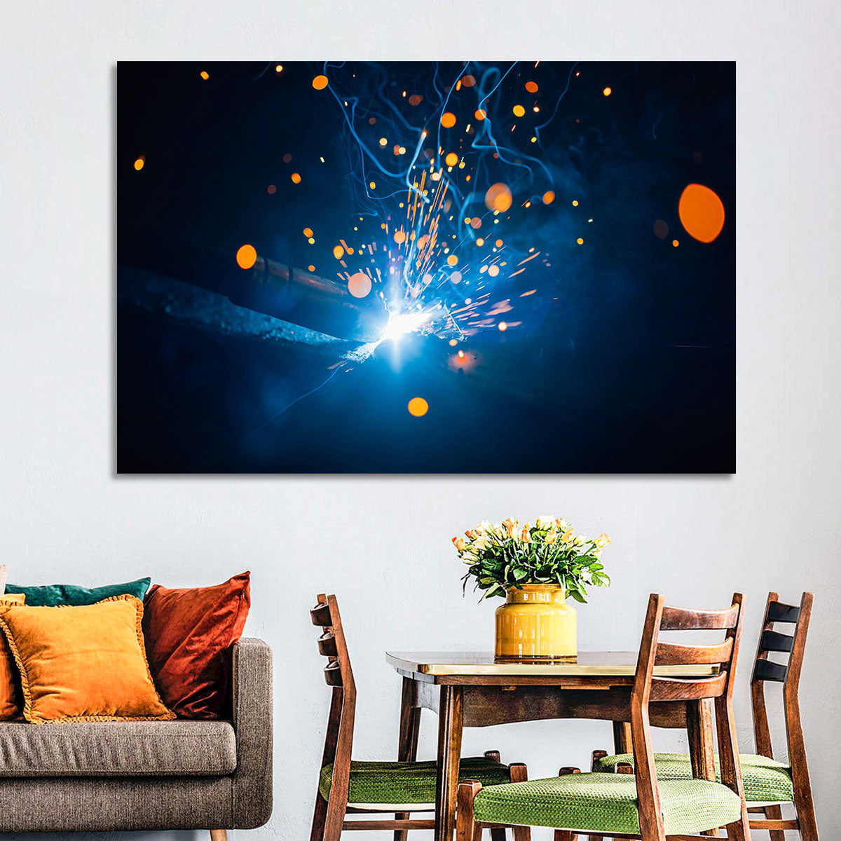 Welding Sparks Close-up Wall Art in a room, landscape