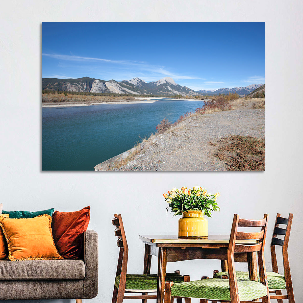 Mount Aeolus Over Athabasca Riverbank Wall Art in a room, landscape