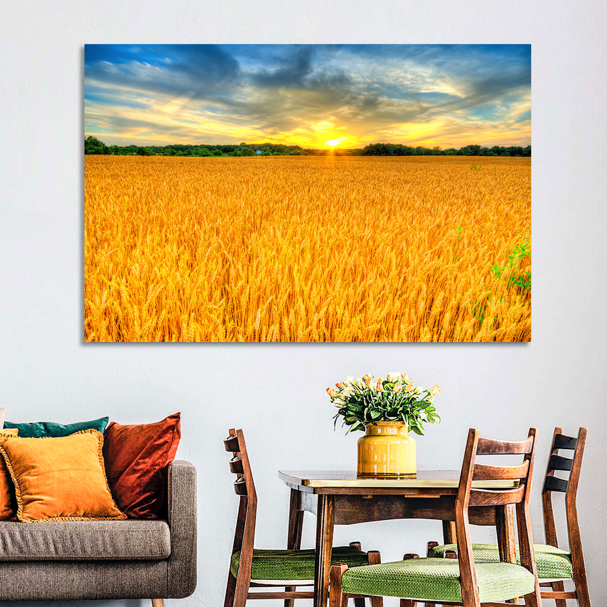 Wheat Field Sunset Wall Art in a room, landscape