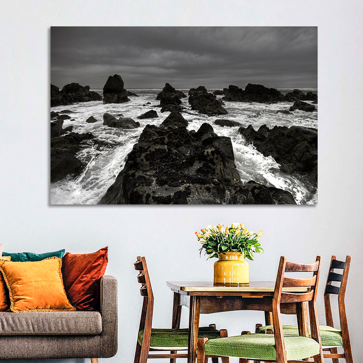 Moody Black and White Rocky Coast Waves Wall Art in a room, landscape