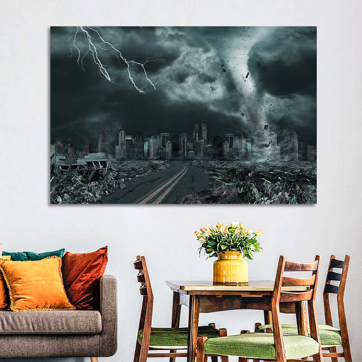 Tornado Over Destroyed City Skyline Wall Art
