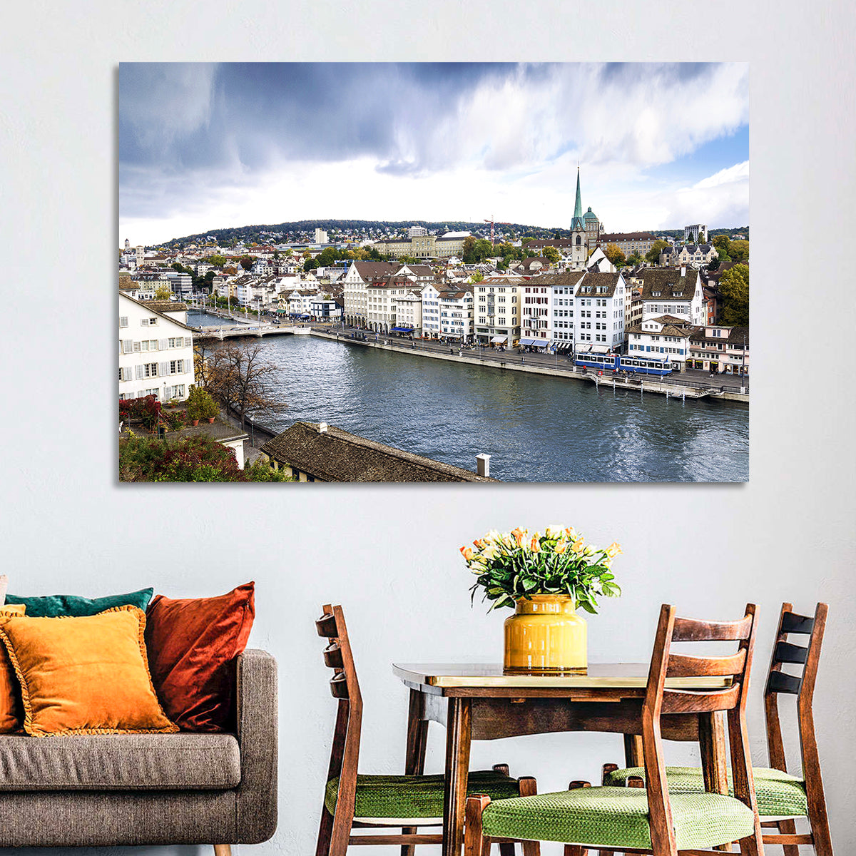 Limmat River at Fraumünster, Zurich Wall Art in a room, landscape
