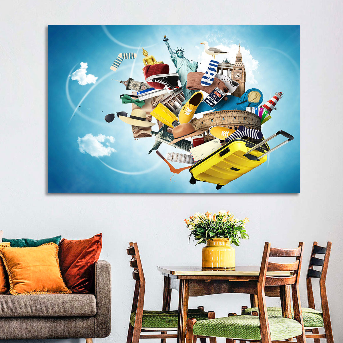 Floating Landmarks with Yellow Suitcase Wall Art in a room, landscape