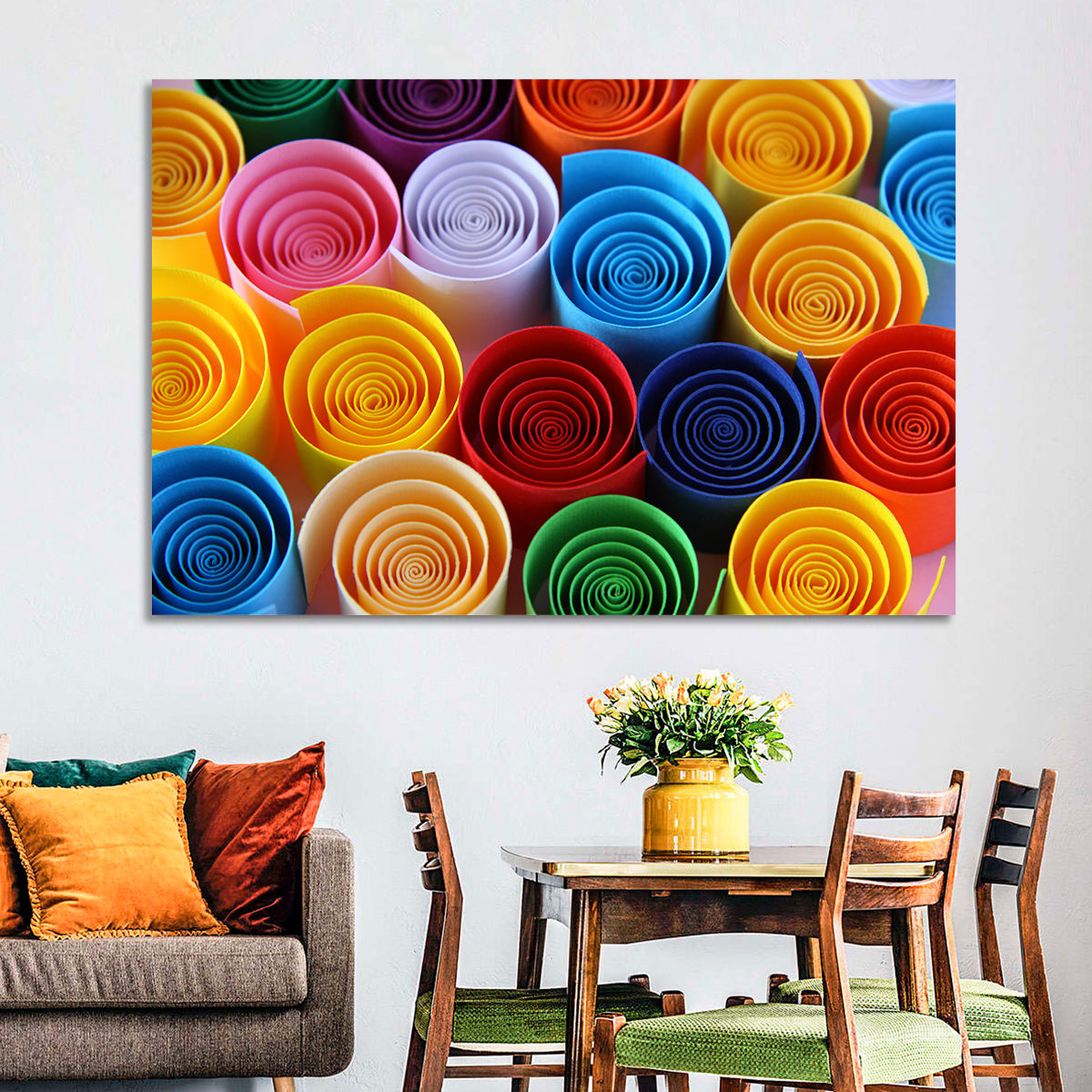 Quilled Color Spirals Wall Art in a room, landscape
