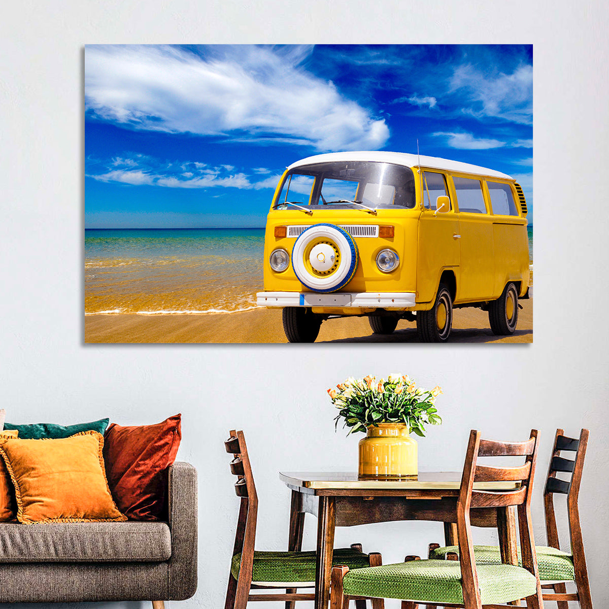 Yellow Vintage Van on Beach Wall Art in a room, landscape