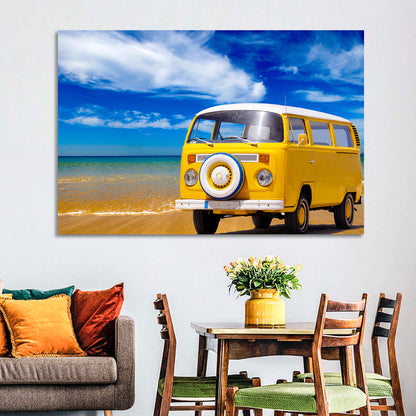 Yellow Vintage Van on Beach Wall Art
