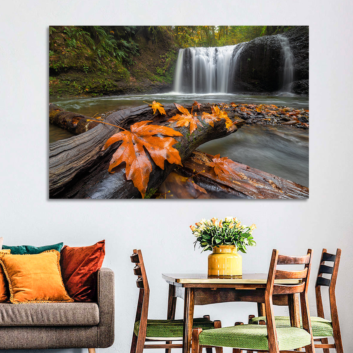 Clackamas Waterfall with Maple Leaf Wall Art in a room, landscape