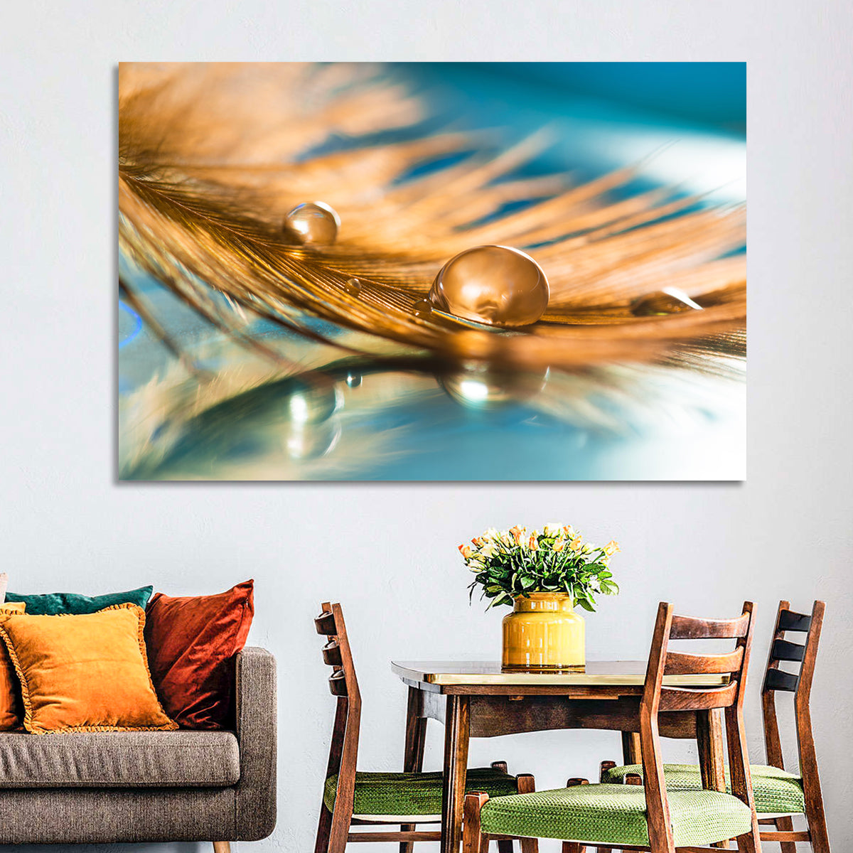 Golden Feather with Droplets Wall Art
