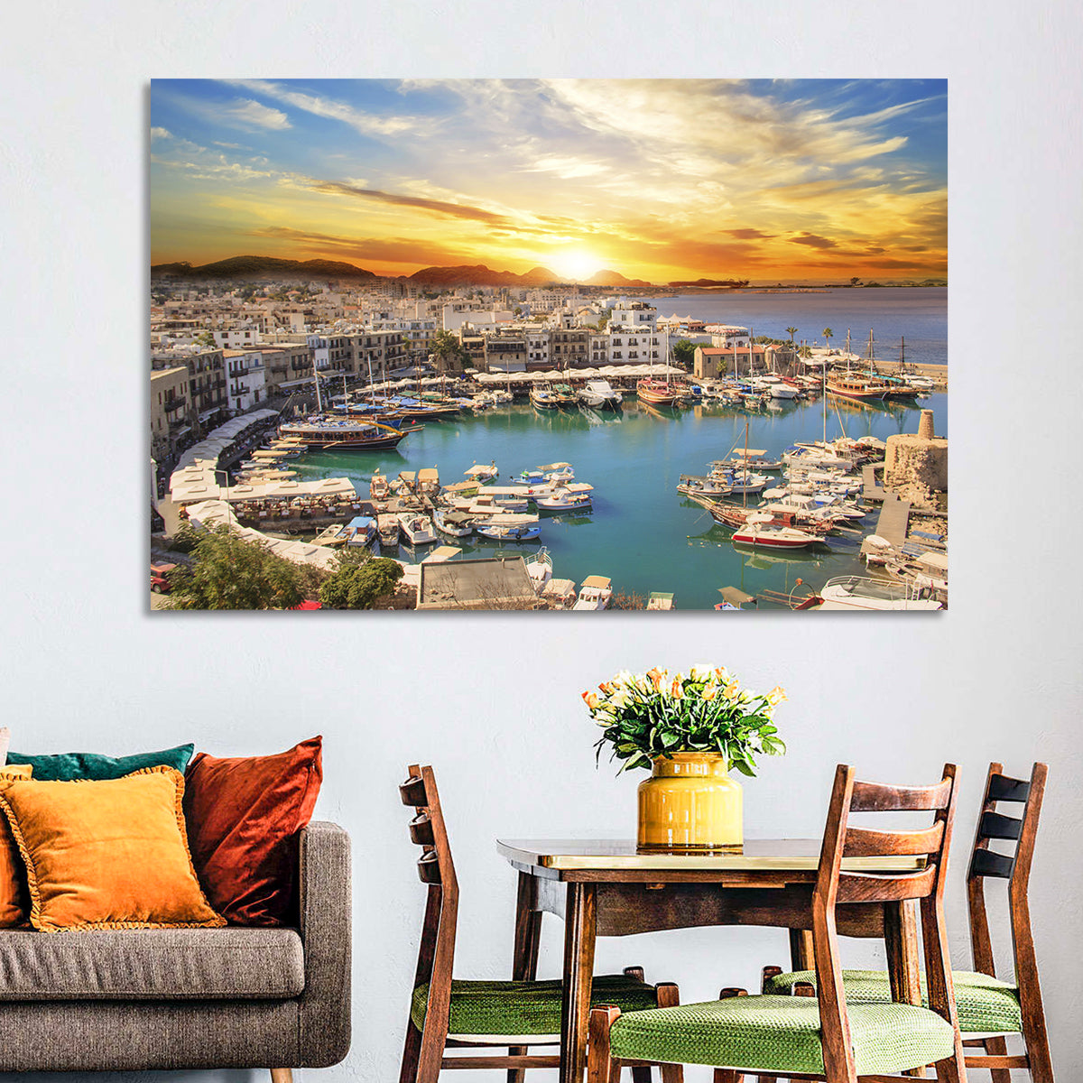 Kyrenia Harbour at Sunset Wall Art in a room, landscape