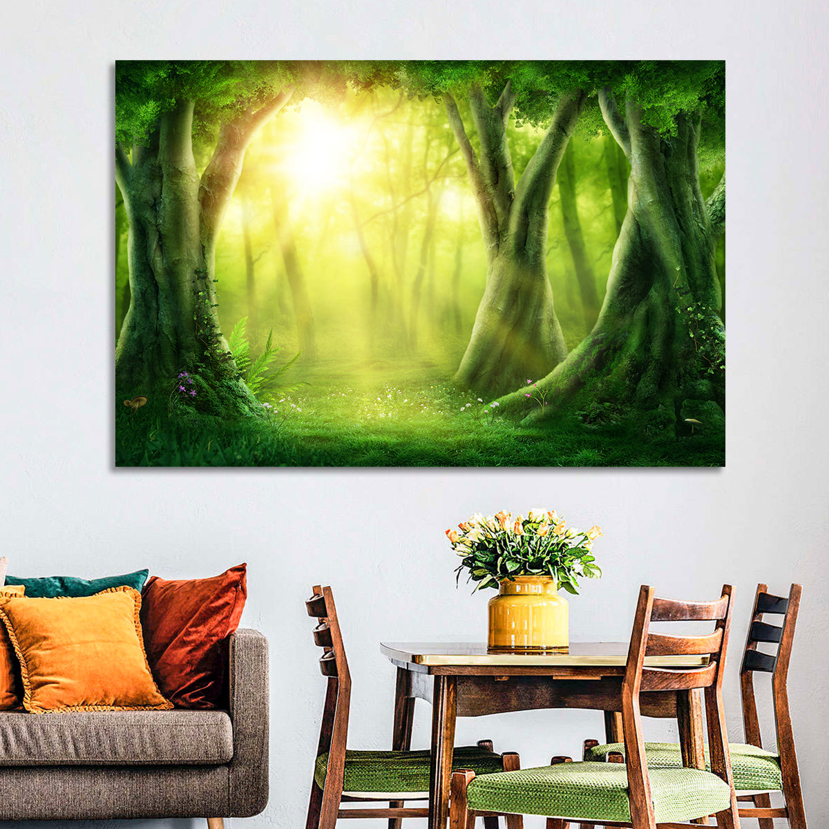Enchanted Forest at Sunrise Wall Art in a room, landscape