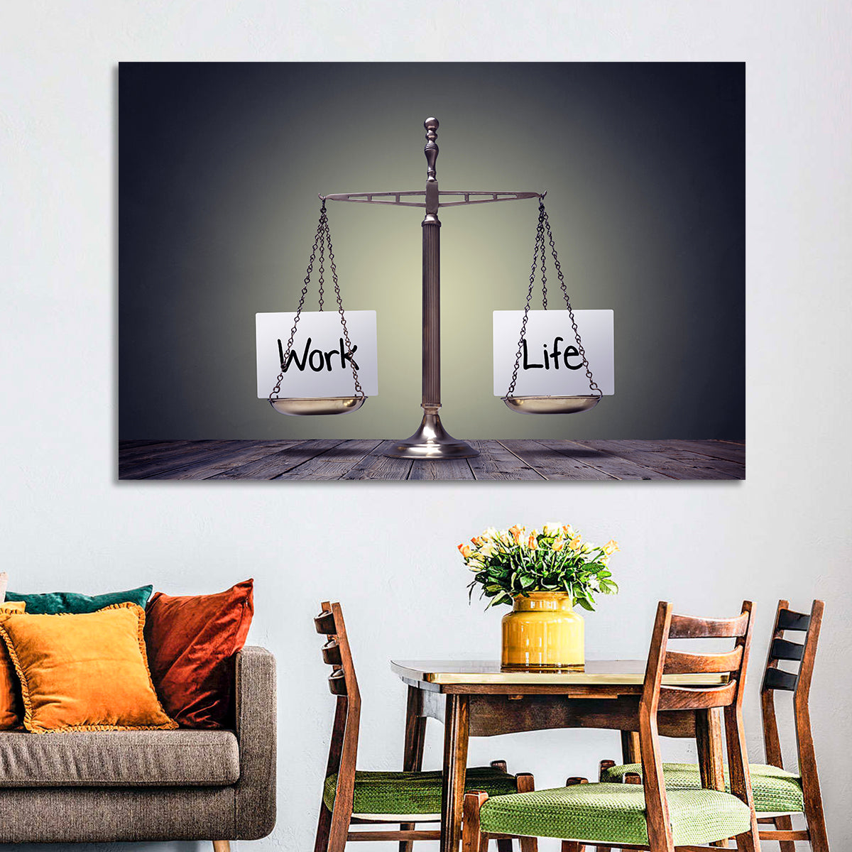 Metallic Scale: Work and Life Wall Art in a room, landscape