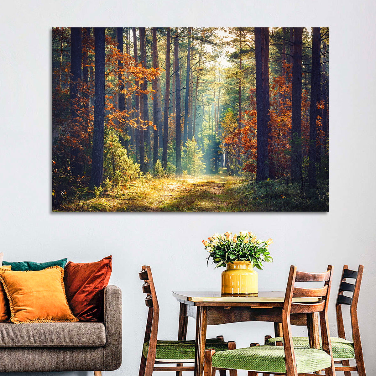 Sunlit Autumn Pine Forest Wall Art