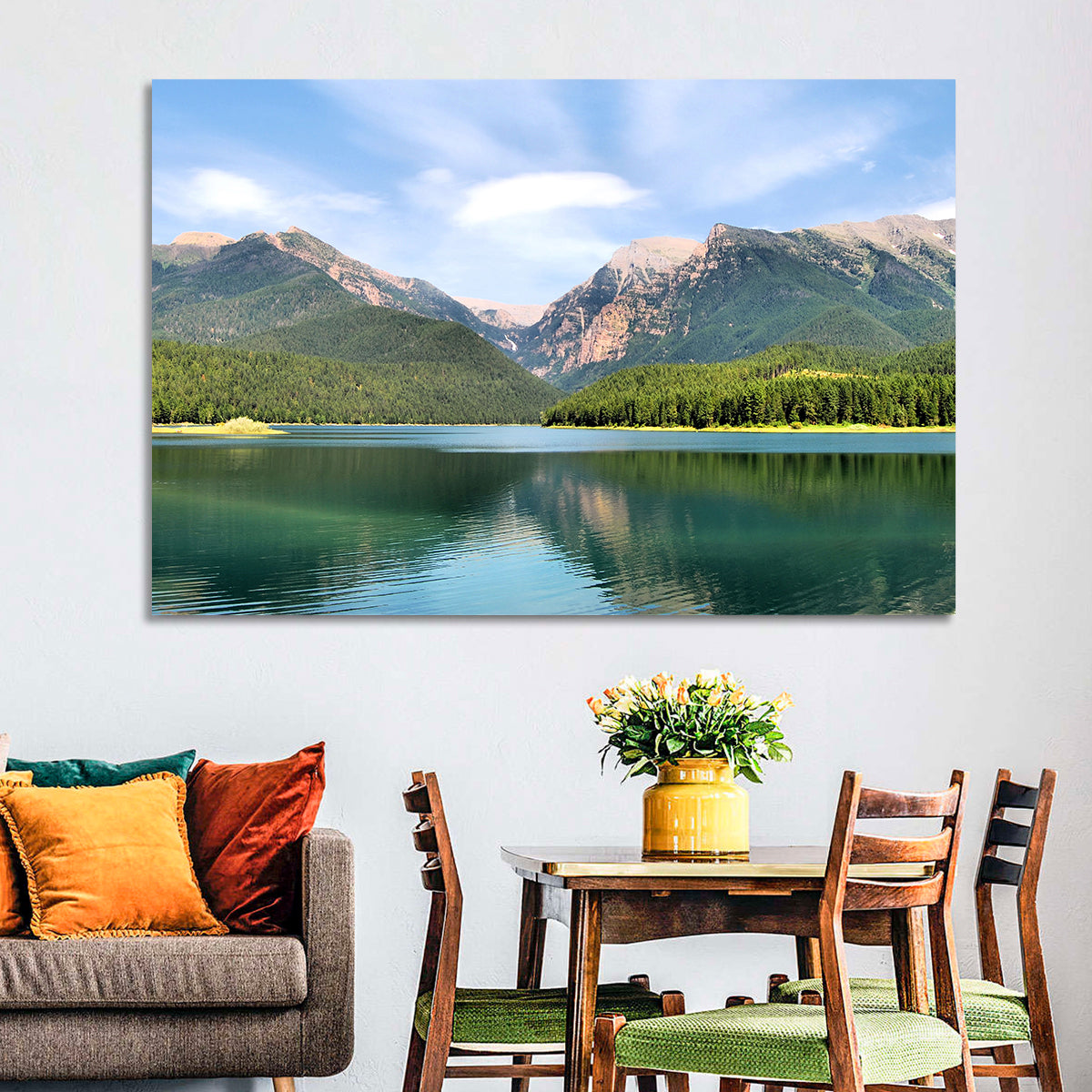 Mission Mountain Lake Reflection Wall Art in a room, landscape