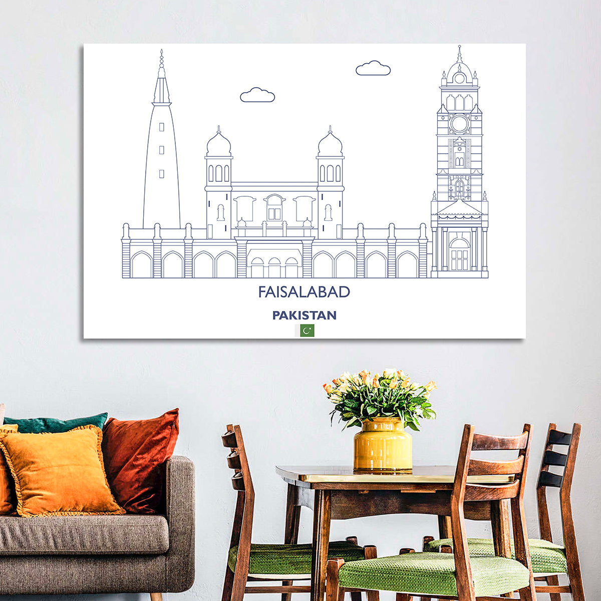 Faisalabad Clock Tower Skyline Wall Art in a room, landscape