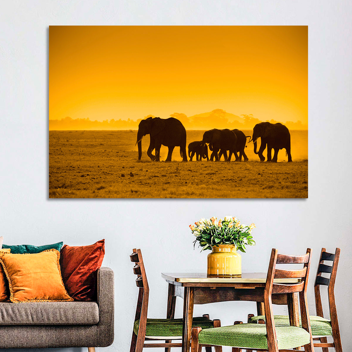 Elephant Family Silhouette Wall Art in a room, landscape