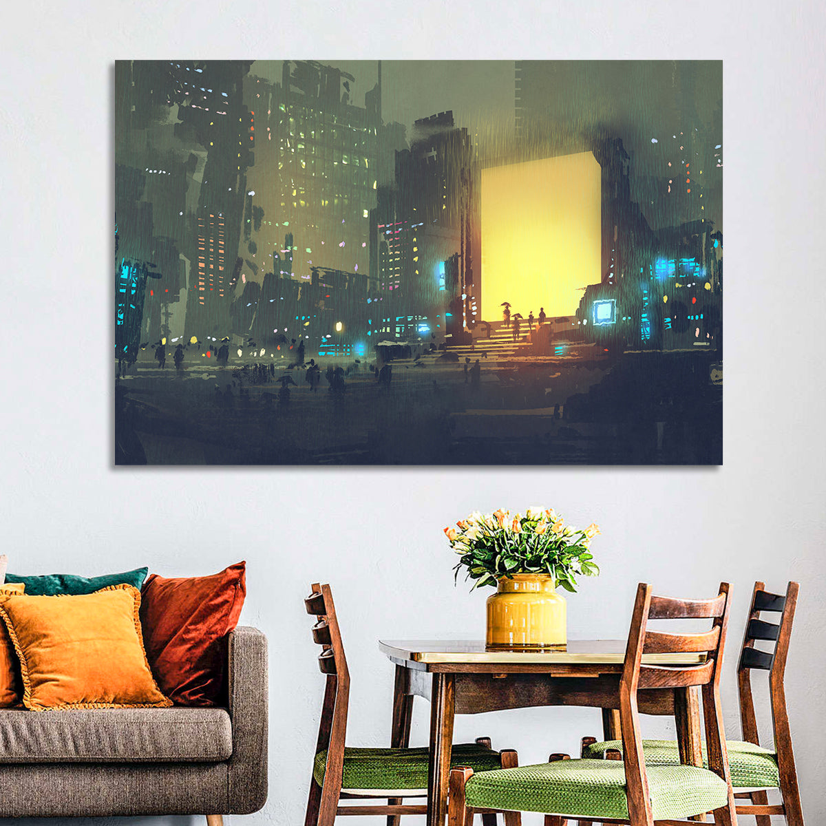Rainy Night City with Glowing Portal Wall Art in a room, landscape