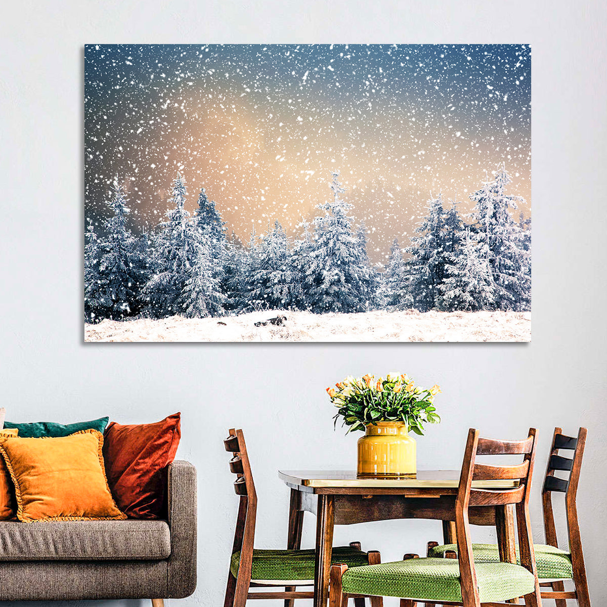 Winter Forest Wonderland Wall Art in a room, landscape