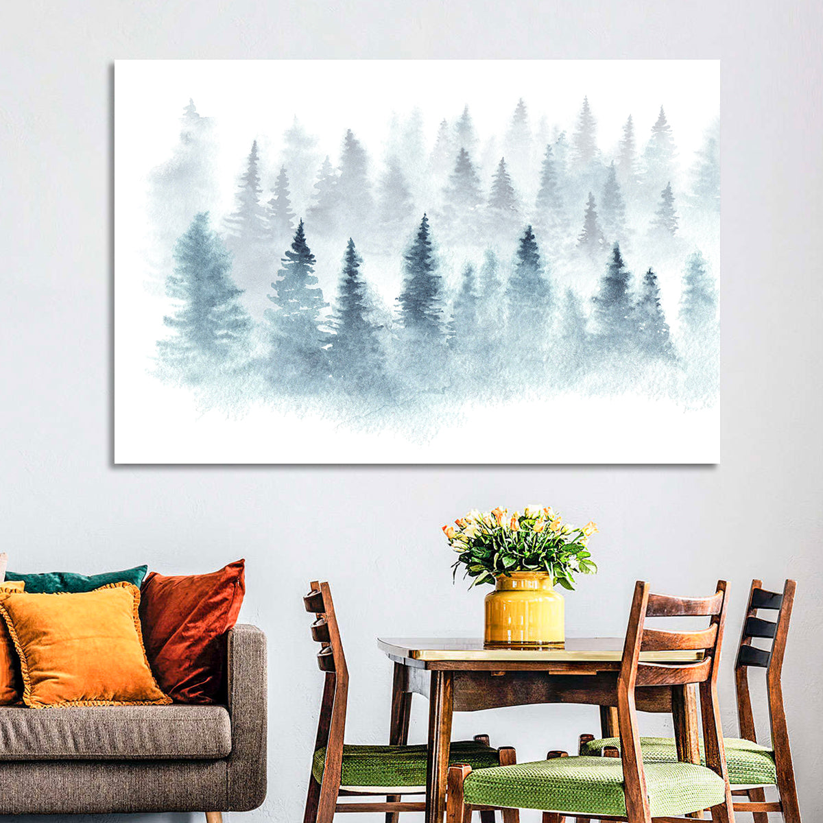 Misty Pine Forest Watercolor Wall Art in a room, landscape