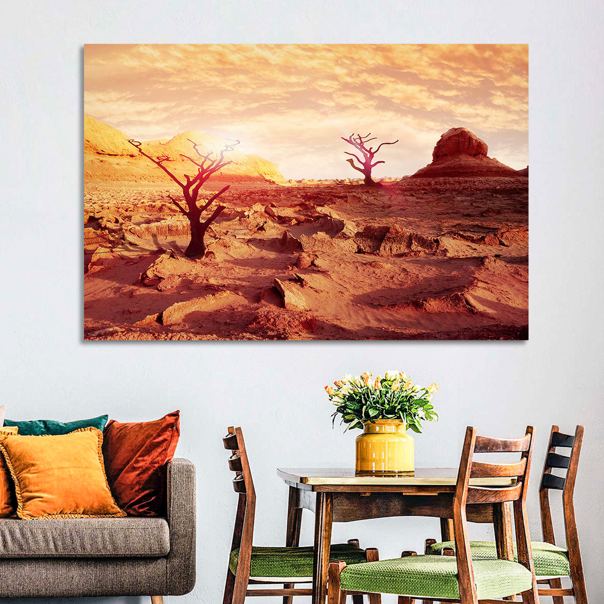 Gnarled Trees at Desert Sunset Wall Art in a room, landscape
